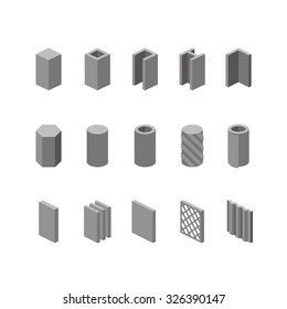 Metallurgy products vector icons set. Steel structure and pipe.