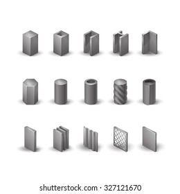 Metallurgy products vector realistic icons set. Detailed objects. Steel structure and pipe.