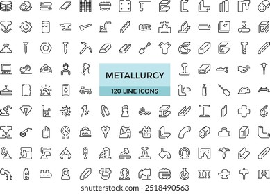 Metallurgy Thin Line Icons Set (Conjunto de ícones de linha fina para metalurgia). Aço e metalurgia do tubo de metal Conceito de produção Ícone linear, Coleção de ícones de contorno. Ilustração de vetor simples e editável.