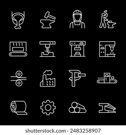 Metallurgy, white line icons. Metal production and machining processes. industrial and manufacturing themes. Symbols on black background. Editable stroke.