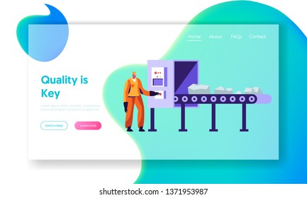 Metallurgy Worker at Conveyor Belt Carrying Raw Ore Material for Iron Processing on Factory. Metallurgical Industry Company Website Landing Page, Web Page. Cartoon Flat Vector Illustration, Banner