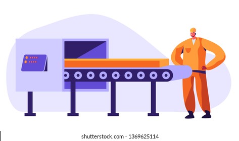 Metallurgy Worker Watching on Conveyor Belt Carrying Steel or Iron Workpiece Making Quality Control on Factory. Heavy Industry, Metal and Alloy Production Company. Cartoon Flat Vector Illustration