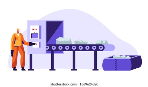 Metallurgy Worker in Working Uniform Pushing Button at Conveyor Belt Carrying Raw Ore Material for Iron Processing on Factory. Metallurgical Heavy Industry Company. Cartoon Flat Vector Illustration