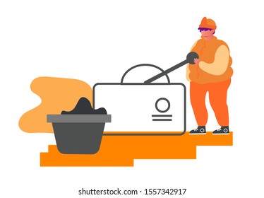 Metallurgy Worker in Working Uniform Pushing Lever Arm at Conveyor Belt Carrying Raw Ore Material for Iron Processing on Factory. Metallurgical Heavy Industry Company. Cartoon Flat Vector Illustration