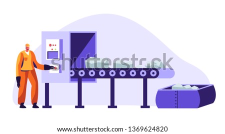 Metallurgy Worker in Working Uniform Pushing Button at Conveyor Belt Carrying Raw Ore Material for Iron Processing on Factory. Metallurgical Heavy Industry Company. Cartoon Flat Vector Illustration