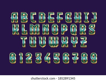 Metalo game title text effect font alphabet. 3d green metallic custom typeface