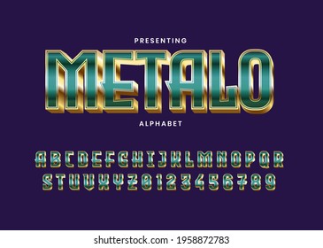 Metalo game title text effect font alphabet. 3d green metallic custom typeface