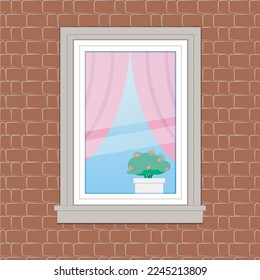 Metal-plastic white window against the background of a red brick wall, EPS 10