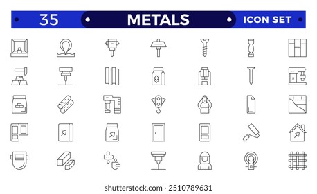 Metals icons set. Outline set of metallurgy vector icons for ui design. Steel products, thin line icon set. Outline icon collection. 
