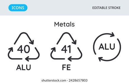 Iconos de códigos de reciclaje de metales. Símbolos ambientales triangulares de materiales. Conjunto de elementos sobre fondo blanco. Trazo editable.