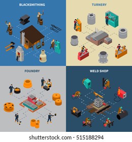 Metalworking 4 isometric icons square composition with blacksmith shop foundry and turner facilities service isolated vector illustration  