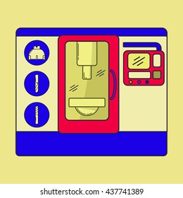 Metalworking cnc center with tools drawn in modern line style.
