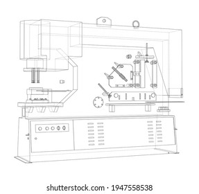 Metalworking CNC machine. Cutting metal technology. Vector rendering of 3d. Wire-frame style