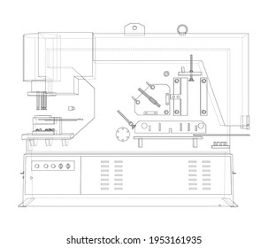 Metalworking CNC machine. Cutting metal technology. Vector rendering of 3d. Wire-frame style