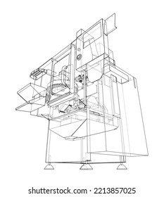 Metalworking CNC milling machine. Vector rendering of 3d. Wire-frame style. The layers of visible and invisible lines are separated