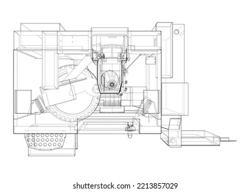 CNC-Fräsmaschine für Metallbearbeitung. Vektorgrafik von 3d. Wire-Frame-Stil. Die Schichten sichtbarer und unsichtbarer Linien sind getrennt