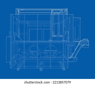 Metalworking CNC milling machine. Vector rendering of 3d. Wire-frame style. The layers of visible and invisible lines are separated