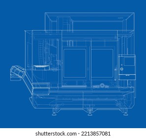 Metalworking CNC milling machine. Vector rendering of 3d. Wire-frame style. The layers of visible and invisible lines are separated