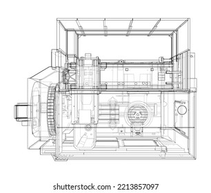 Metalworking CNC milling machine. Vector rendering of 3d. Wire-frame style. The layers of visible and invisible lines are separated