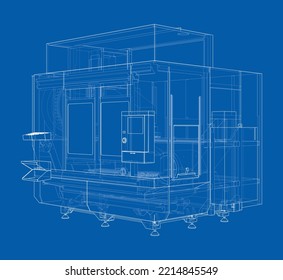 Metalworking CNC milling machine. Vector rendering of 3d. Wire-frame style. The layers of visible and invisible lines are separated