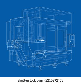 Máquina de fresado CNC de metal. Representación vectorial de 3d. Estilo de marco de cables. Las capas de líneas visibles e invisibles están separadas