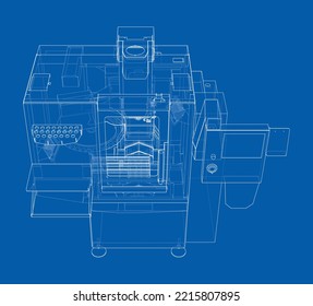 Metalworking CNC milling machine. Vector rendering of 3d. Wire-frame style. The layers of visible and invisible lines are separated