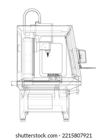 Metalworking CNC milling machine. Vector rendering of 3d. Wire-frame style. The layers of visible and invisible lines are separated