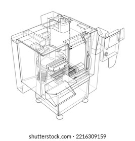 Metalworking CNC milling machine. Vector rendering of 3d. Wire-frame style. The layers of visible and invisible lines are separated