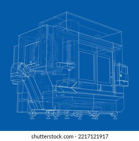 Metalworking CNC milling machine. Vector rendering of 3d. Wire-frame style. The layers of visible and invisible lines are separated