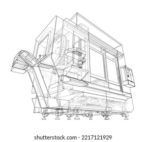 Metalworking CNC milling machine. Vector rendering of 3d. Wire-frame style. The layers of visible and invisible lines are separated