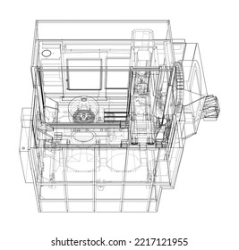 Metalworking CNC milling machine. Vector rendering of 3d. Wire-frame style. The layers of visible and invisible lines are separated