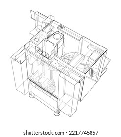 Metalworking CNC milling machine. Vector rendering of 3d. Wire-frame style. The layers of visible and invisible lines are separated