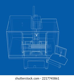 Máquina de fresado CNC de metal. Representación vectorial de 3d. Estilo de marco de cables. Las capas de líneas visibles e invisibles están separadas