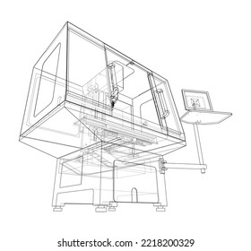 Metalworking CNC milling machine. Vector rendering of 3d. Wire-frame style. The layers of visible and invisible lines are separated