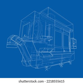 Metalworking CNC milling machine. Vector rendering of 3d. Wire-frame style. The layers of visible and invisible lines are separated