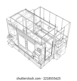 CNC-Fräsmaschine für Metallbearbeitung. Vektorgrafik von 3d. Wire-Frame-Stil. Die Schichten sichtbarer und unsichtbarer Linien sind getrennt