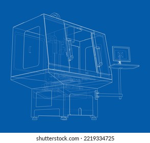 Metalworking CNC milling machine. Vector rendering of 3d. Wire-frame style. The layers of visible and invisible lines are separated