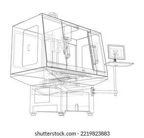 Metalworking CNC milling machine. Vector rendering of 3d. Wire-frame style. The layers of visible and invisible lines are separated