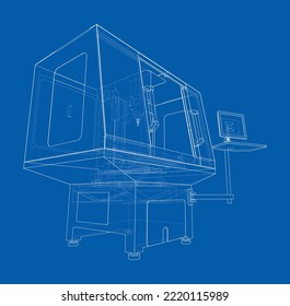 Metalworking CNC milling machine. Vector rendering of 3d. Wire-frame style. The layers of visible and invisible lines are separated
