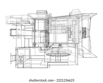 Metalworking CNC milling machine. Vector rendering of 3d. Wire-frame style. The layers of visible and invisible lines are separated