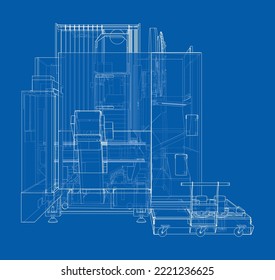 Metalworking CNC milling machine. Vector rendering of 3d. Wire-frame style. The layers of visible and invisible lines are separated