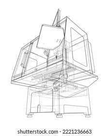 Metalworking CNC milling machine. Vector rendering of 3d. Wire-frame style. The layers of visible and invisible lines are separated