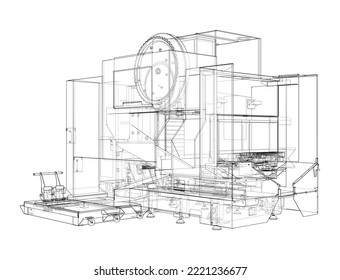 Metalworking CNC milling machine. Vector rendering of 3d. Wire-frame style. The layers of visible and invisible lines are separated