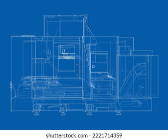 Metalworking CNC milling machine. Vector rendering of 3d. Wire-frame style. The layers of visible and invisible lines are separated