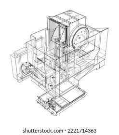 Metalworking CNC milling machine. Vector rendering of 3d. Wire-frame style. The layers of visible and invisible lines are separated