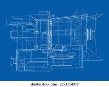 Metalworking CNC milling machine. Vector rendering of 3d. Wire-frame style. The layers of visible and invisible lines are separated