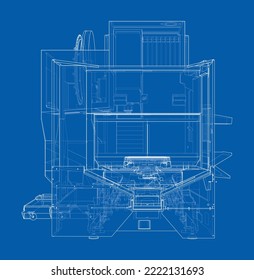 Metalworking CNC milling machine. Vector rendering of 3d. Wire-frame style. The layers of visible and invisible lines are separated