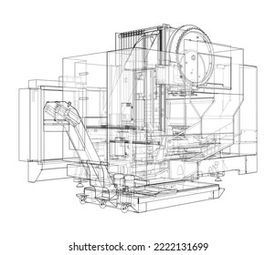 Metalworking CNC milling machine. Vector rendering of 3d. Wire-frame style. The layers of visible and invisible lines are separated