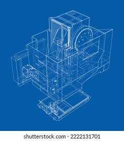 Metalworking CNC milling machine. Vector rendering of 3d. Wire-frame style. The layers of visible and invisible lines are separated