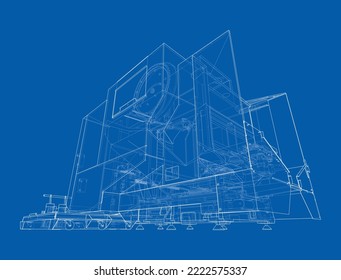 Metalworking CNC milling machine. Vector rendering of 3d. Wire-frame style. The layers of visible and invisible lines are separated